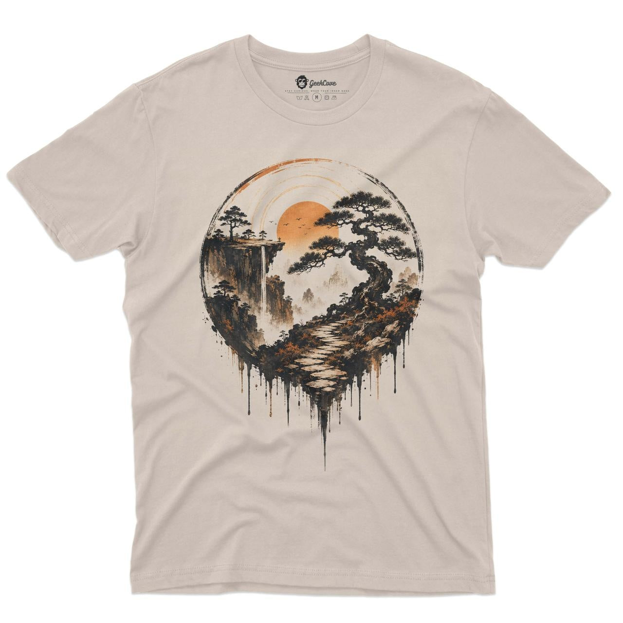 Sunset Bonsai Path Men’s Crew Neck Tee in Sand with original bonsai landscape shirt artwork