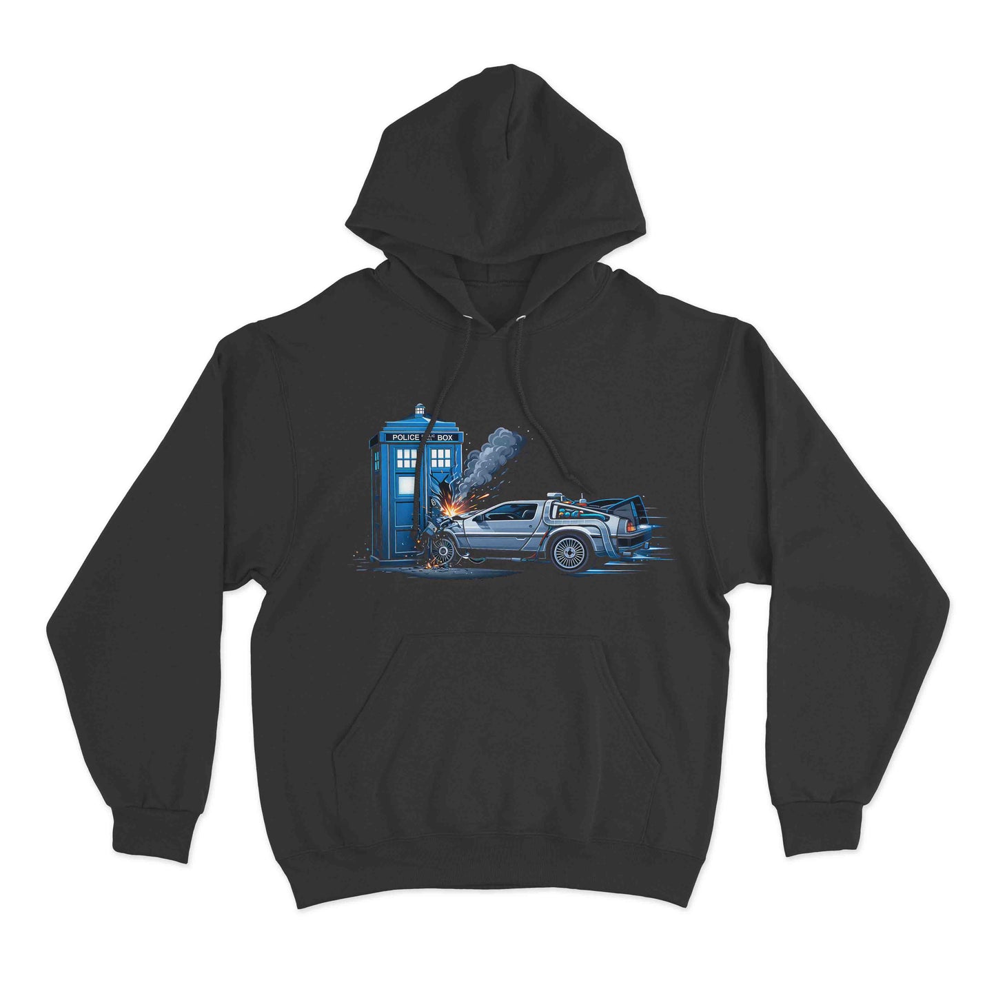 fleece hoodie showing detailed scene of a delorean crashing into a police box