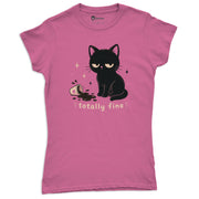 Totally Fine Black Cat women’s short sleeve tee in Azalea with spilled coffee graphic artwork