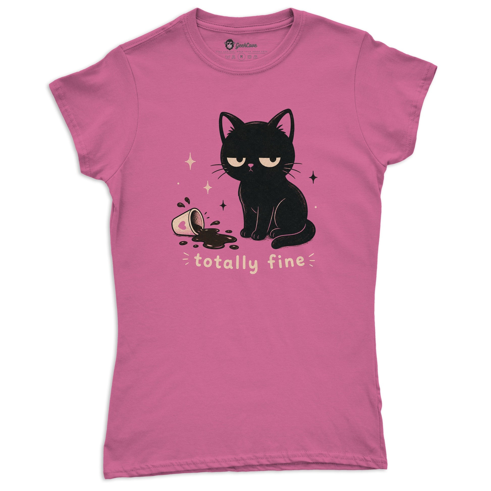 Totally Fine Black Cat women’s short sleeve tee in Azalea with spilled coffee graphic artwork