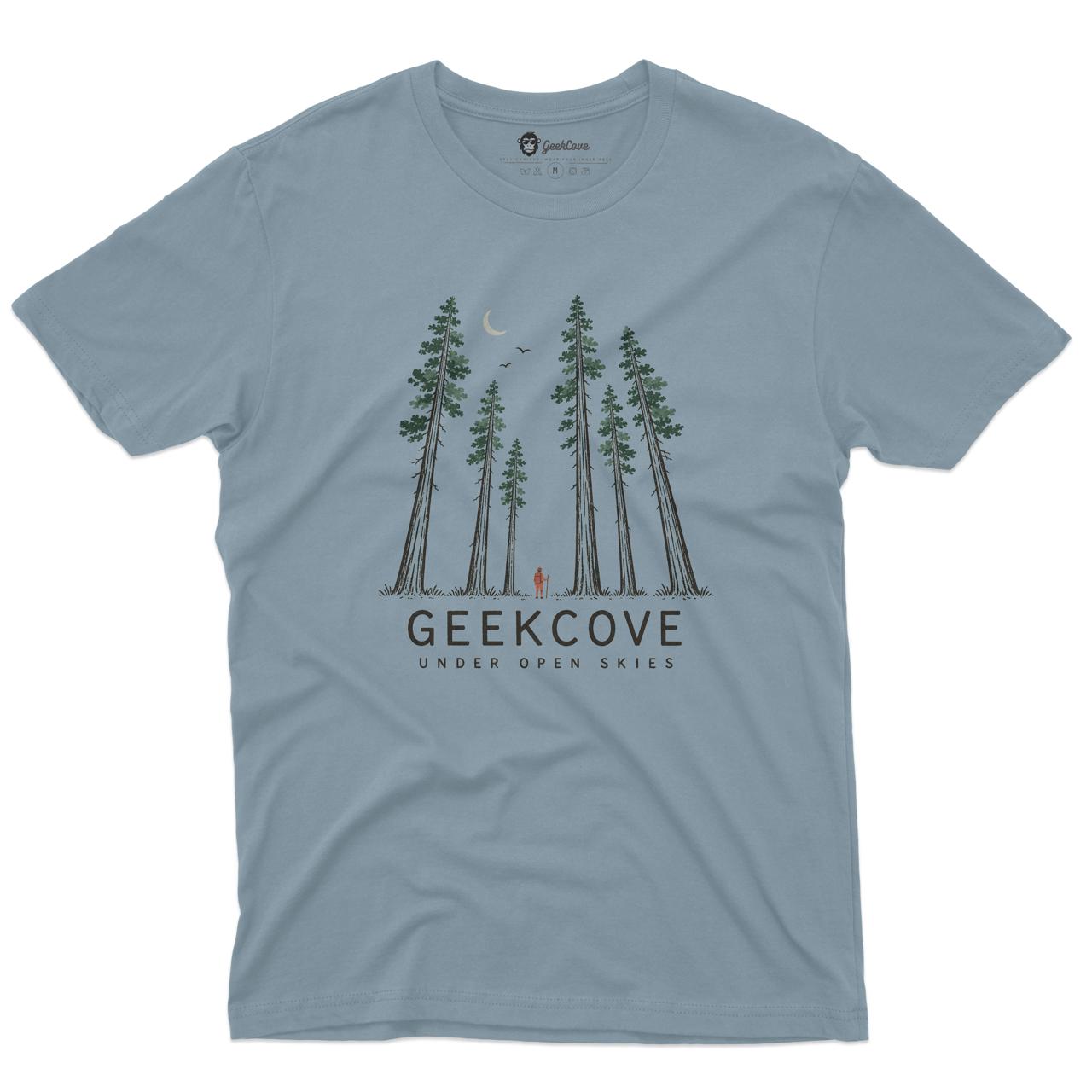 Under Open Skies Forest Men’s Crew Neck Tee in Stone Blue with original forest graphic tee artwork