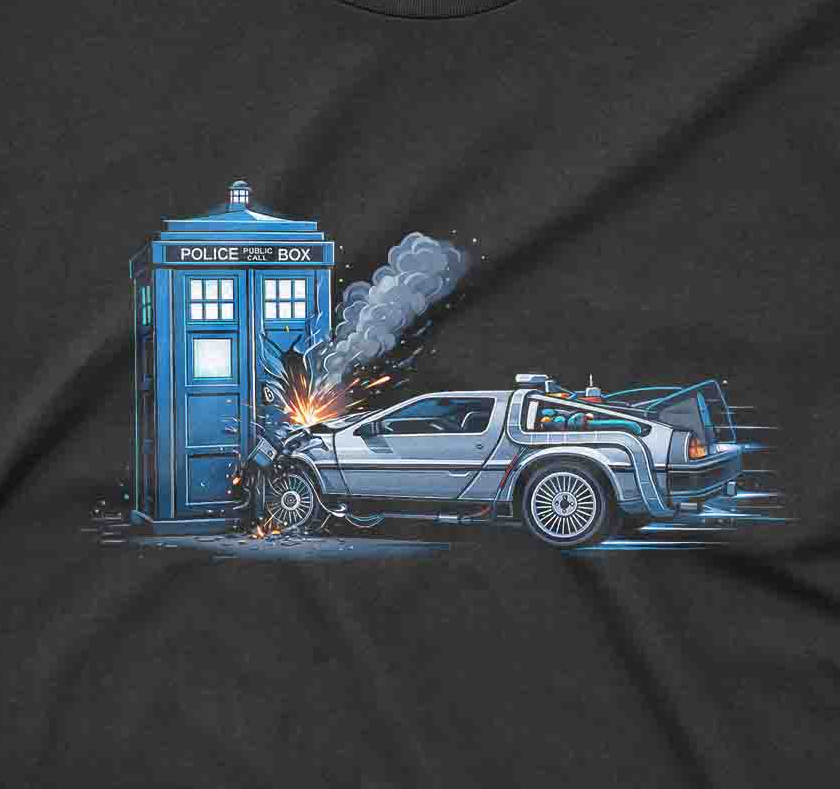 unisex graphic tee with detailed time travel collision artwork in blue and silver tones
