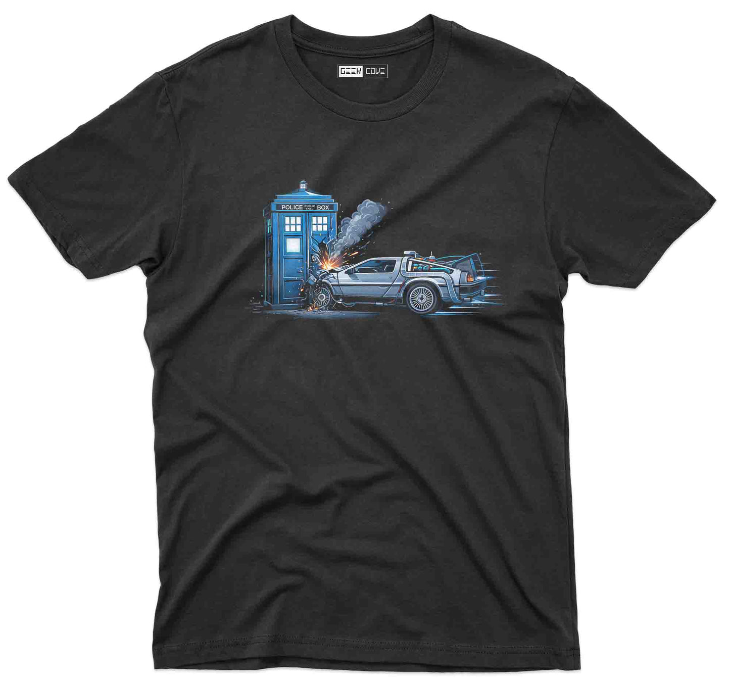 unisex t shirt featuring a sci fi scene of a delorean crashing into a blue police box