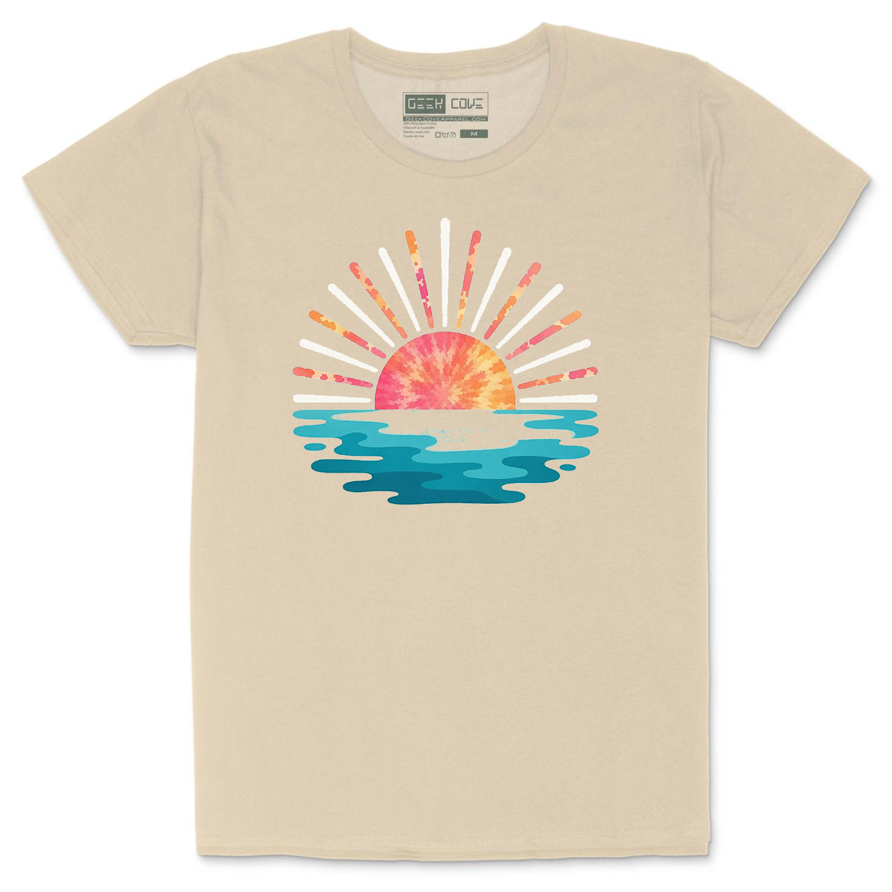 Woman cream Crusher Tee with sunset palm beach graphic art