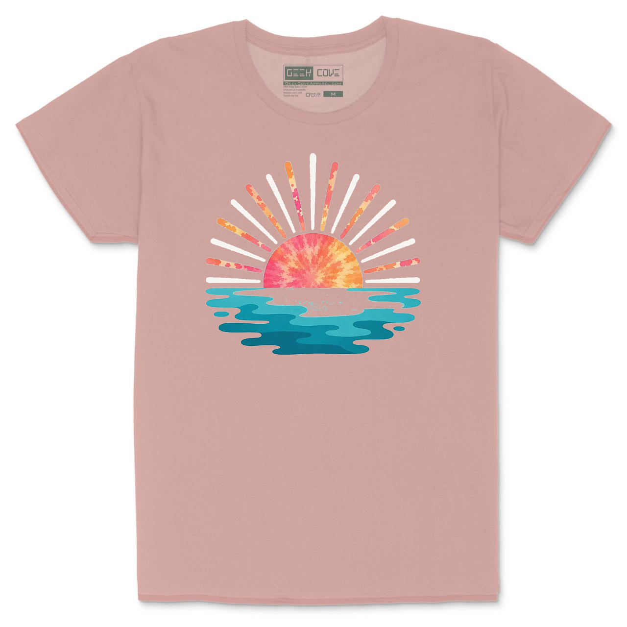 Woman pink Crusher Tee with tropical sunset ocean graphic